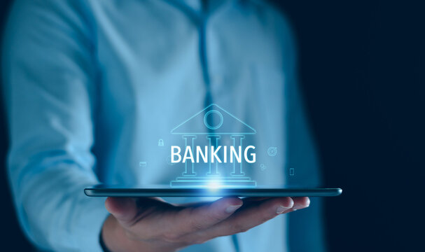 Businessman touch banking network connection. Digital online marketing. Finance and banking networking. Fintech, Financial innovation technology, digital marketing, smart analyzing solution