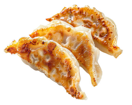Close-up image of three delicious gyoza dumplings with golden crispy edges, isolated on white background. Perfect for food or cooking concepts.