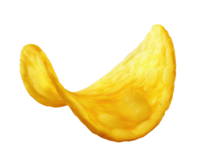 Close-up of a single, golden, crispy potato chip isolated on a white background, highlighting its texture and curves.