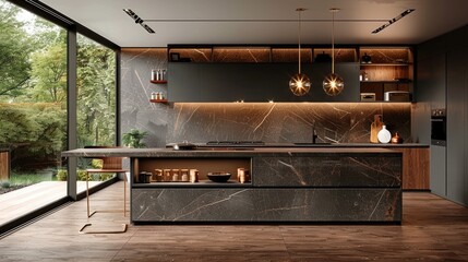 Modern Luxury Kitchen with Marble Island, Pendant Lights, and Large Glass Windows Overlooking Nature