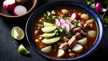 Simple yet Vibrant Beef Chili Bowl Garnished with Avocado, Lime, Radish, and Cilantro