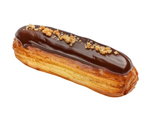 Delicious eclair covered in rich chocolate glaze and garnished with crunchy nuts. Perfect for dessert and bakery-themed projects.