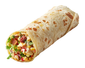 Delicious freshly made wrap filled with vegetables and meat, perfect for a quick and healthy meal option. Isolated on white background.