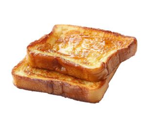 Delicious golden brown French toast slices with a drizzle of syrup, perfect for breakfast or brunch, isolated on a white background.