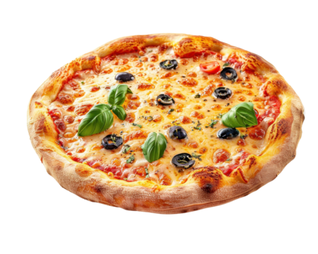 Delicious freshly baked pizza topped with olives, basil, tomatoes, and melted cheese, perfect for any mealtime.