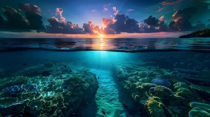 Landscape photography of tropical ocean shore coastline with clear blue water showing the coral reef underneath