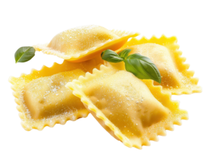 Fresh homemade ravioli topped with fresh basil leaves on a white background. Perfect for recipes, menus, or food blogs.