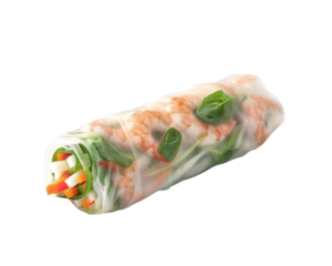 Fresh Vietnamese spring roll with shrimp, vegetables, and herbs on a white background. A healthy and delicious Asian appetizer.