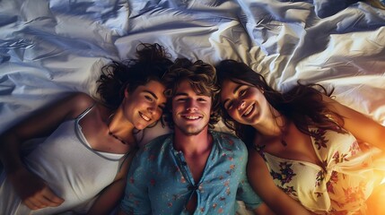 Polyamorous relationship between two women and one man, illustrating love and pride in a bisexual and lesbian inclusive threesome (Generative AI)