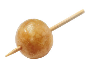 Single skewered fish ball isolated on a white background, perfect for use in food and culinary projects.
