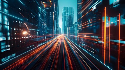 Fototapeta premium Traveling Fast On The Highway In A Futuristic Cyberpunk City Landscape (Generative AI)