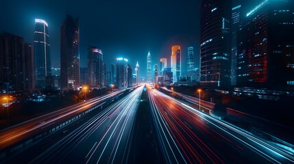 Obraz premium Traveling Fast On The Highway In A Futuristic Cyberpunk City Landscape (Generative AI)