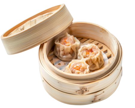 Steamed dumplings in a bamboo steamer, showcasing delicious dim sum with a focus on Asian cuisine and traditional cooking.