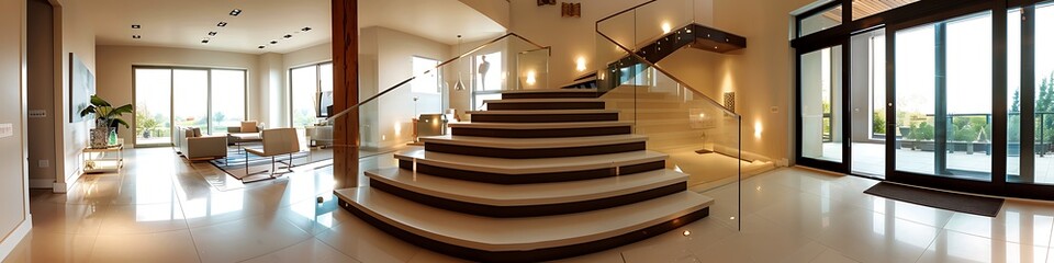Fototapeta premium A panoramic view of a modern home entrance, with a simple yet sophisticated staircase featuring glass steps and a clean-lined metal railing, emphasizing openness and light