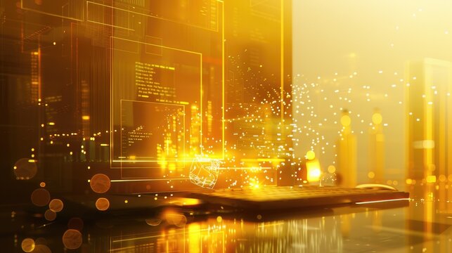 The image shows a golden circuit board with a glowing yellow light in the center.