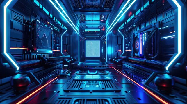 The image shows a futuristic spaceship interior with blue and red lights illuminating the way. - Powered by Adobe