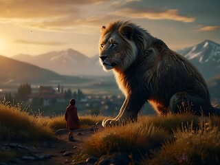 Giant lion and child in a meadow