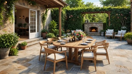 Fototapeta premium Outdoor Dining Patio with Fireplace and Greenery