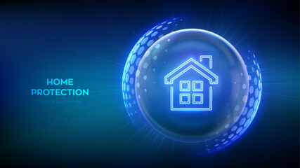 Home security protection. Home Insurance concept. Real estate insurance. Glass transparent sphere shield with surface of hexagons with House icon illustrates Home Insurance. Vector illustration.