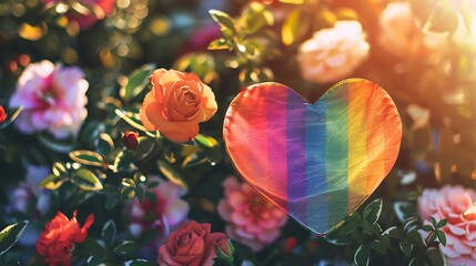 An LGBT heart symbol with a rainbow outline and floral background, designed for Valentine's Day
