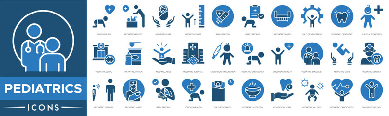 Pediatrics icon. Child Health, Pediatrician Visit, Newborn Care, Growth Chart, Immunization, Baby Checkup, Pediatric Ward, Child Development and Pediatric Dentistry