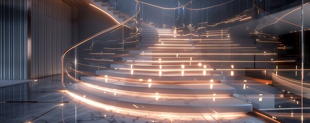 A luxury staircase with glass steps illuminated by floor lights, and a delicate wireframe railing, creating a futuristic look