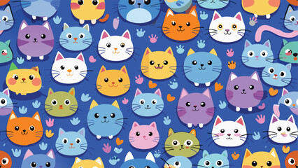 Printseamless pattern of a cute cat on diferent style and colors