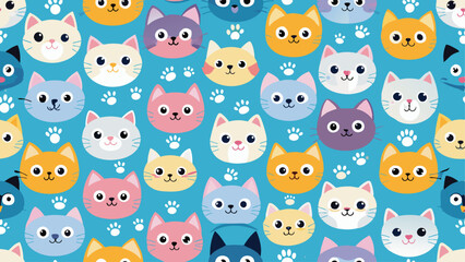 Printseamless pattern of a cute cat on diferent style and colors