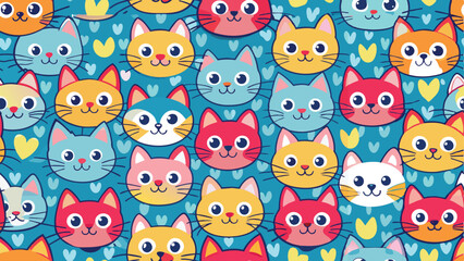 Printseamless pattern of a cute cat on diferent style and colors