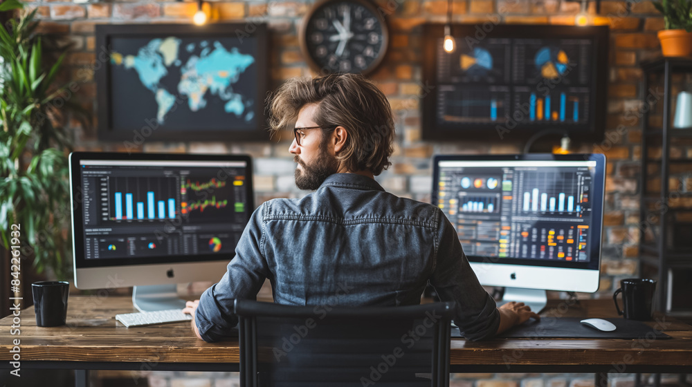 Poster a man sits at a desk with two computer monitors in front of him