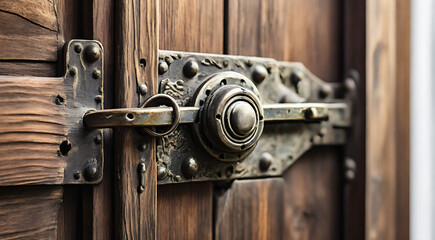Fototapeta premium A close-up shot of a weathered silver metal door latch on an aged wooden door, shining 