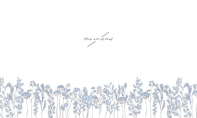 手描きの草木ベクターイラスト。ナチュラルな草木のベクターフレーム。草木の線画イラストセット。Hand drawn vector illustration of plants and trees. Natural grass and trees vector frame. Line drawing illustration set of plants and trees.