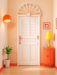A white colored Wall revolving fan or wall mount fan on an orange wall with tube light in background, selective focus, middle class house theme
