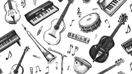 Jazz music Illustration design pattern doodle element musical instrument guitar melody trumpet piano drum. Black white style background.