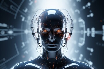 futuristic design of an android head, with visible wires, connections, and nodes. the cybernetic elements are meticulously integrated, portraying a technological marvel and the convergence of human