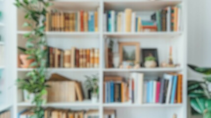 Blur background of book shelf in library space filled with books and green plants, enhancing a...