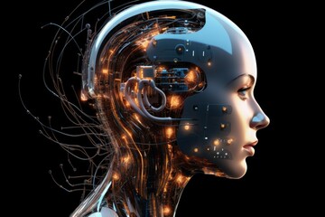 Obraz premium futuristic design of an android head, with visible wires, connections, and nodes. the cybernetic elements are meticulously integrated, portraying a technological marvel and the convergence of human
