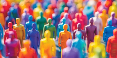 Vibrant human silhouettes with diverse traits, passions, and talents. Target audiences, their inclinations, and buying potential. Advertising and categorization.