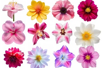Obraz premium A collection of lovely, individual blossoming flowers against a white backdrop. Generative Ai