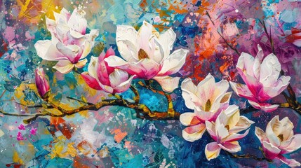 Colorful spring flowers blooming on a Magnolia tree