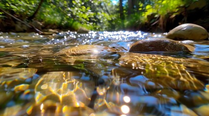 Fototapeta premium Clear, pristine water flowing effortlessly over polished rocks in a shallow stream. Natural purity concept