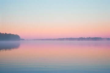 Fototapeta premium Peaceful dawn at a tranquil lake with mist gently rising from still water. Serene landscape concept