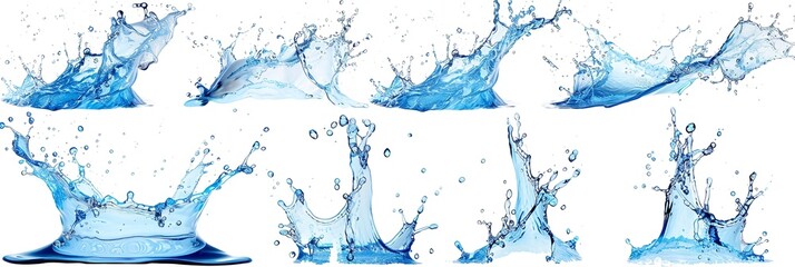A&nbsp;collection of isolated blue water splashing. Generative Ai