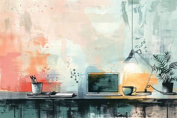 Latest shared workspace trend. Contemporary dotted montage with sketch elements. Workstation with computer, light and java.