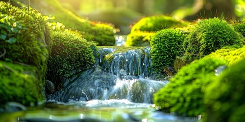 Tranquil forest scene with water trickling down moss-covered rocks. Mesmerizing nature concept