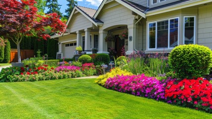 Vibrant New Beginning: Charming House Exterior with Manicured Lawn and Colorful Flowers in a Blossoming Neighborhood