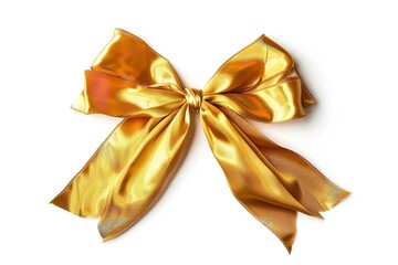 A golden silk ribbon bow set on a white backdrop. Generative Ai