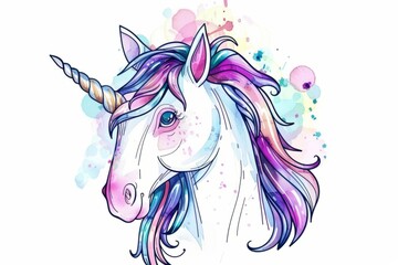 Cartoon cute doodles of a magical unicorn with watercolor mane and scribbled horn, Generative AI