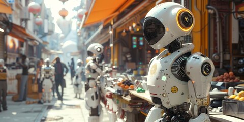 Fototapeta premium Collaborative endeavors between advanced robots and humans in a futuristic landscape. Technological collaboration concept