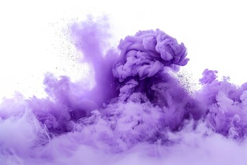 Explosion of purple smoke powder isolated on a white backdrop. Generative Ai